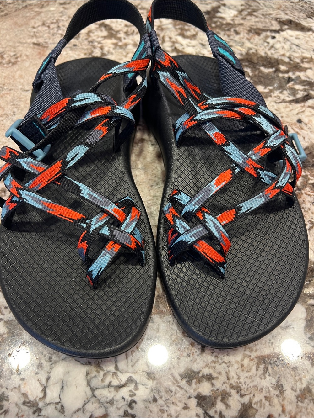 Chaco Black Sandals with Orange & Teal Patterned Straps - Picture 2 of 8